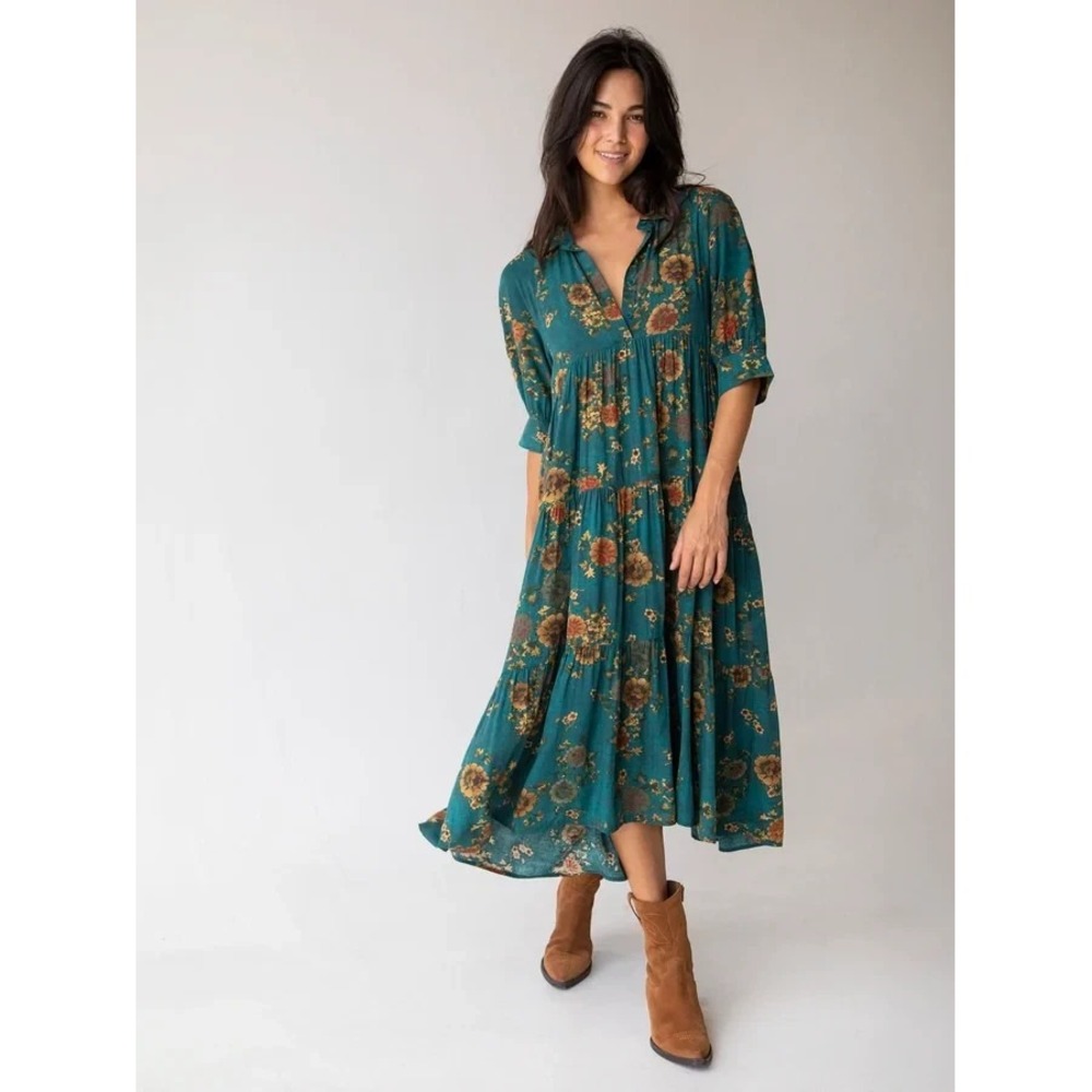 Natural Life Rebecca Midi Dress Rayon Floral Flowy Button Tiered Sz XL Boho